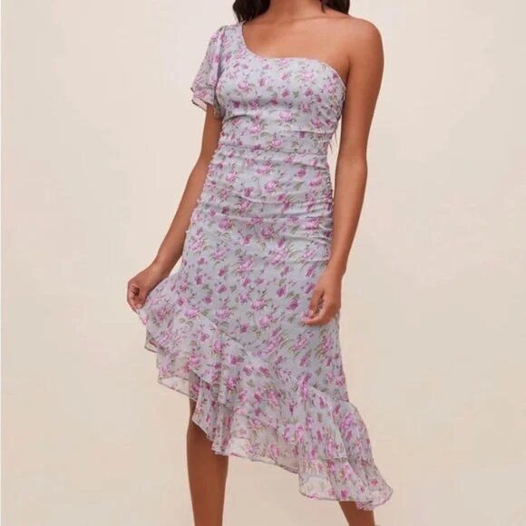REVOLVE ASTR Floral One Shoulder Ruffle Midi Dress - Picture 1 of 11